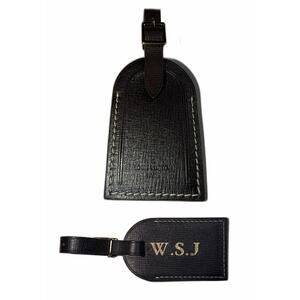 Louis Vuitton Dark Brown Grained Leather Luggage Tag w/ W S J Initials Goldtone